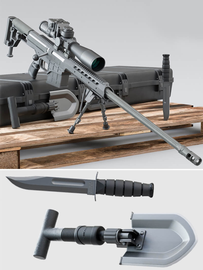 Free 3D Model Sniper Kit Barrett M98 Bravo Ka-Bar Schrade Shovel